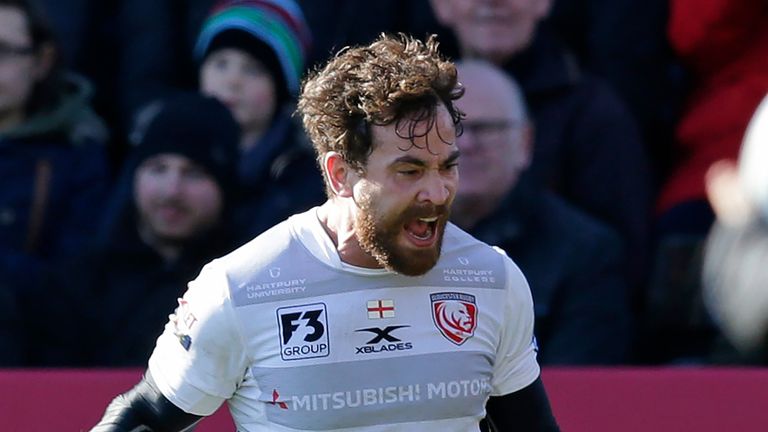 Danny Cipriani of Gloucester Rugby celebrates scoring his sides fourth try