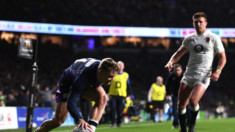 Darcy Graham scoring for Scotland against England