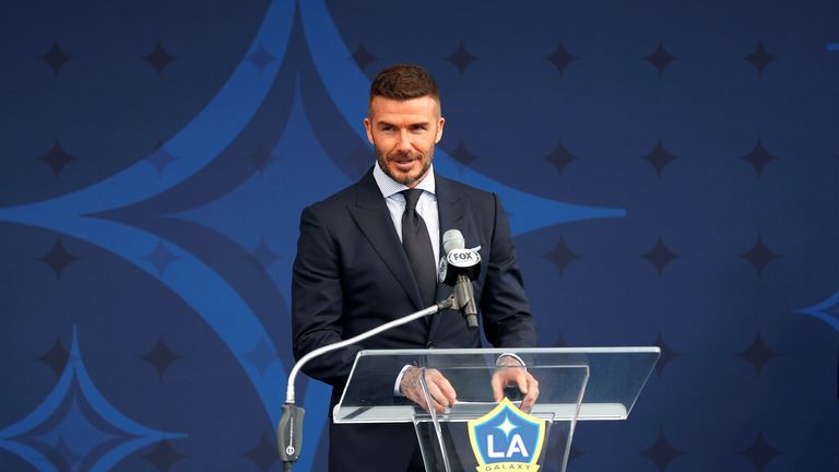 David Beckham during the unveiling of his statue at Dignity Health Sports Park