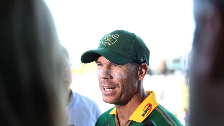 David Warner of Randwick-Petersham during the Sydney Grade Cricket One Day match between Randwick-Petersham and Sutherland at Coogee Oval on November 10, 2018 in Sydney, Australia.