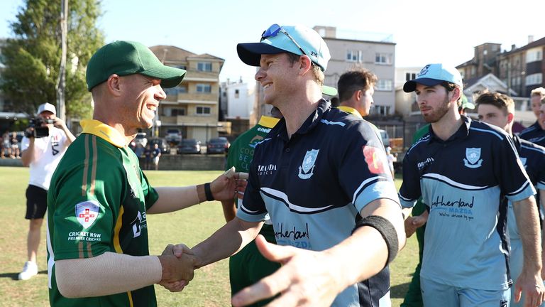 David Warner of Randwick-Petersham and Steve Smith of Sutherland xx during the Sydney Grade Cricket One Day match between Randwick-Petersham and Sutherland at Coogee Oval on November 10, 2018 in Sydney, Australia.