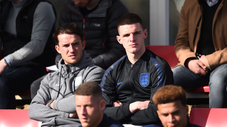 Ben Chilwell and Declan Rice of England look on during the UEFA U19 Championship Qualifier match between England U19 and Czech Republic U19 at St Georges Park on March 20, 2019 in Burton-upon-Trent, England.