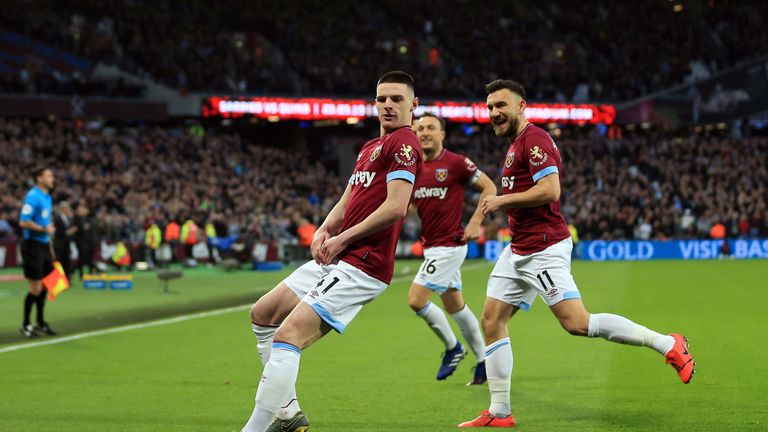 Declan Rice celebrates giving West Ham a 1-0 lead