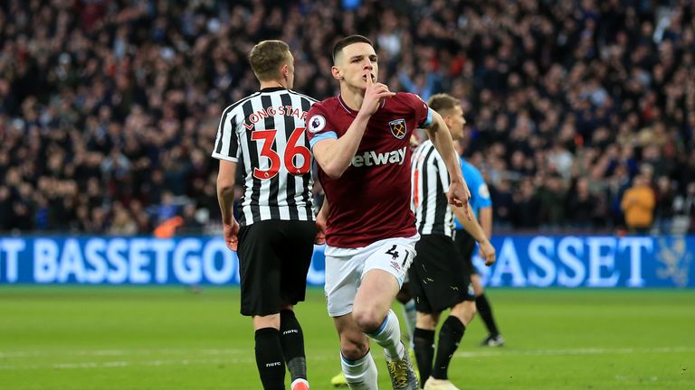 Declan Rice gestures during his celebration after giving West Ham the lead