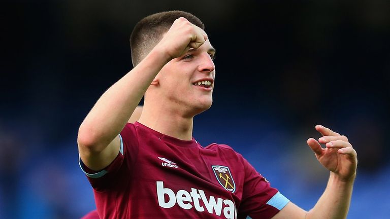Declan Rice of West Ham United celebrates after victory over Everton in the Premier League match between Everton FC and West Ham United at Goodison Park on September 16, 2018 in Liverpool, United Kingdom.