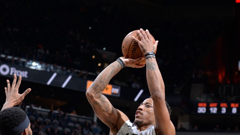 DeMar DeRozan #10 of the San Antonio Spurs shoots the ball against the Portland Trail Blazers on March 16, 2019 at the AT&T Center in San Antonio, Texas.