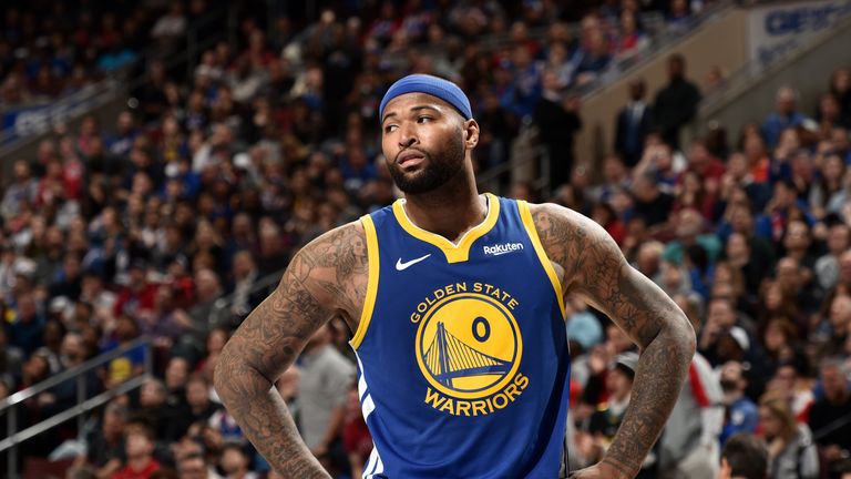 DeMarcus Cousins #0 of the Golden State Warriors looks on during the game against the Philadelphia 76ers on March 2, 2019 at the Wells Fargo Center in Philadelphia, Pennsylvania. 