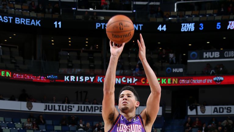 Devin Booker #1 of the Phoenix Suns shoots the ball against the New Orleans Pelicans on March 16, 2019 at the Smoothie King Center in New Orleans, Louisiana.