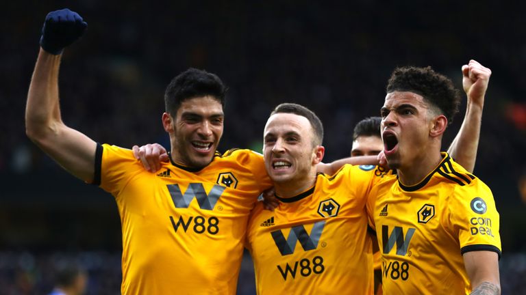 Diogo Jota celebrates after scoring the opening goal of the game