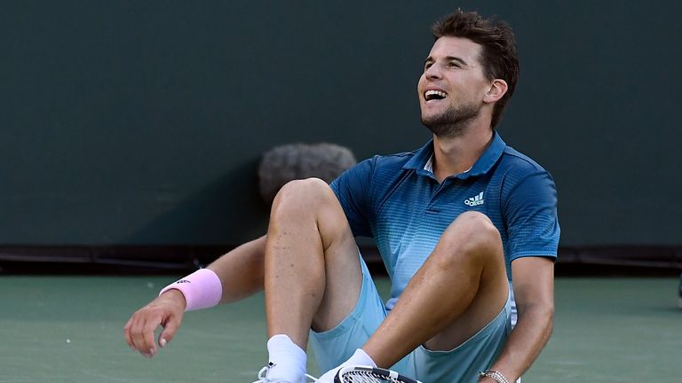 Dominic Thiem of Austria celebrates after defeating Roger Federer of Switzerland in the men's singles final on day fourteen of the BNP Paribas Open at the Indian Wells Tennis Garden on March 17, 2019 in Indian Wells, California. 