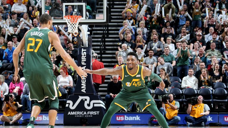 Donovan Mitchell #45 of the Utah Jazz reacts to a play during the game against the Brooklyn Nets on March 16, 2019 at vivint.SmartHome Arena in Salt Lake City, Utah.