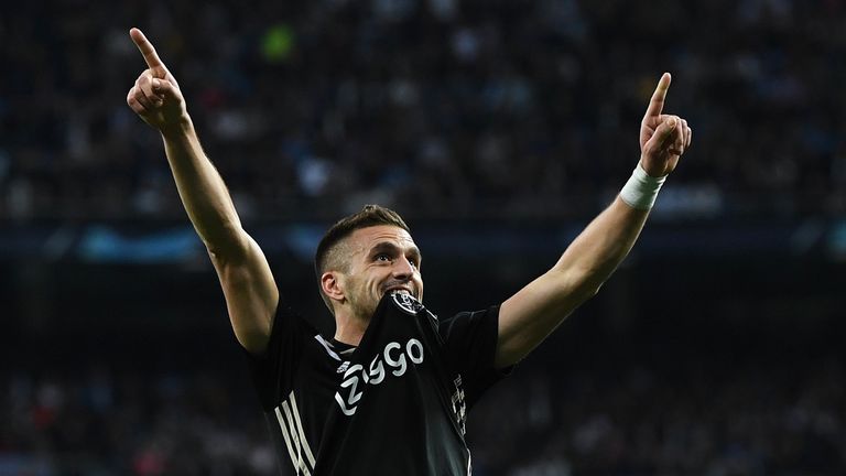 Dusan Tadic celebrates after Ajax's win against Real Madrid