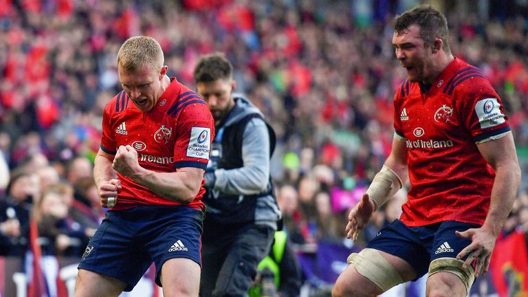 Earls and Munster skipper Peter O'Mahony celebrate his late try in Edinburgh