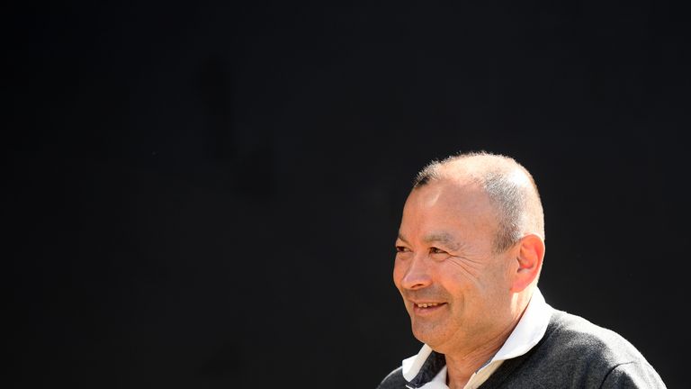 Eddie Jones, Head Coach of England looks on as he arrives prior to kick off during the Gallagher Premiership Rugby match between Exeter Chiefs and Bath Rugby at Sandy Park on March 24, 2019 in Exeter, United Kingdom