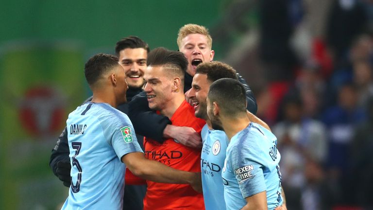 Ederson during the Carabao Cup Final between Chelsea and Manchester City at Wembley Stadium on February 24, 2019 in London, England