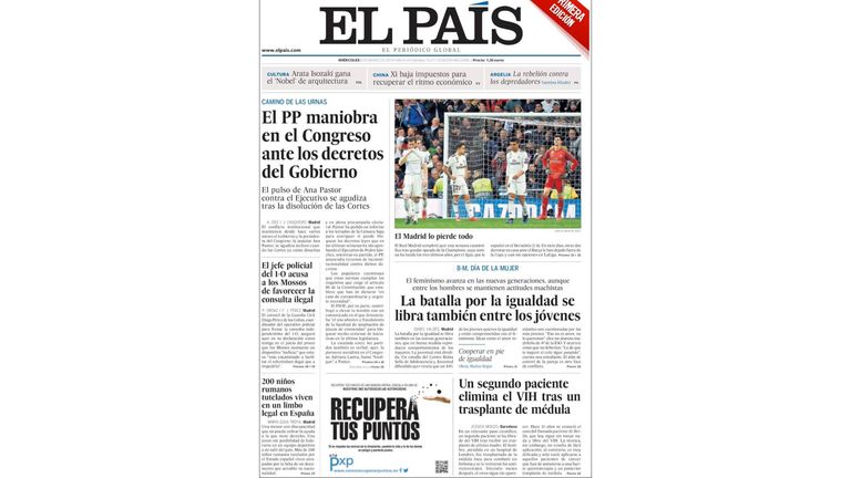 Front page of El Pais