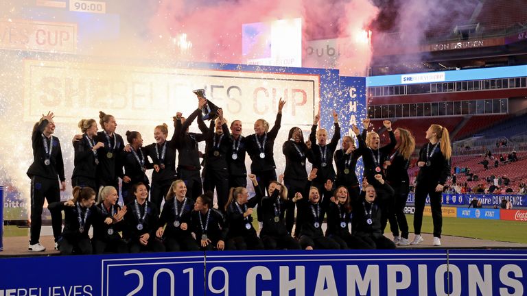 England celebrate winning the SheBelieves Cup after beating Japan in Florida.