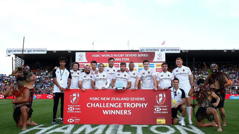 England Men's Sevens team celebrates winning the Challenge Trophy at the New Zealand Sevens