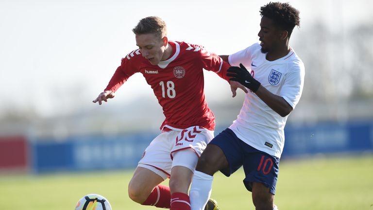 Manchester United's Angel Gomes competes for the ball  during England U19s' draw with Denmark