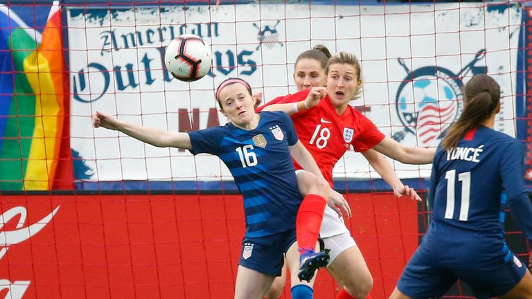 during the first half of the 2019 SheBelieves Cup match between USA and Englad at Nissan Stadium on March 2, 2019 in Nashville, Tennessee.