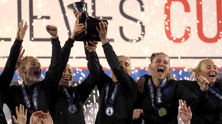 England celebrates winning the SheBelieves Cup at Raymond James Stadium on March 05, 2019 in Tampa, Florida. 