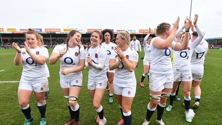 England players celebrate victory over Italy in the Women's Six Nations this month