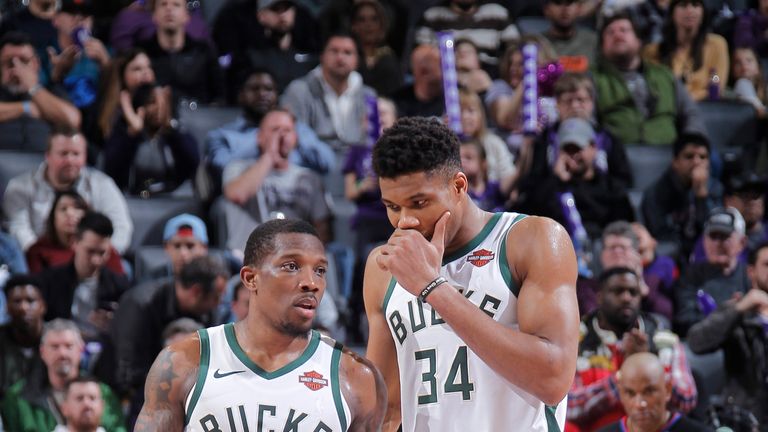 Eric Bledsoe #6 and Giannis Antetokounmpo #34 of the Milwaukee Bucks talk during the game against the Sacramento Kings on February 27, 2019 at Golden 1 Center in Sacramento, California.