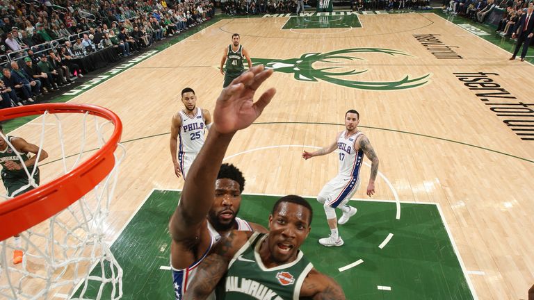 Eric Bledsoe of the Milwaukee Bucks shoots the ball against the Philadelphia 76ers