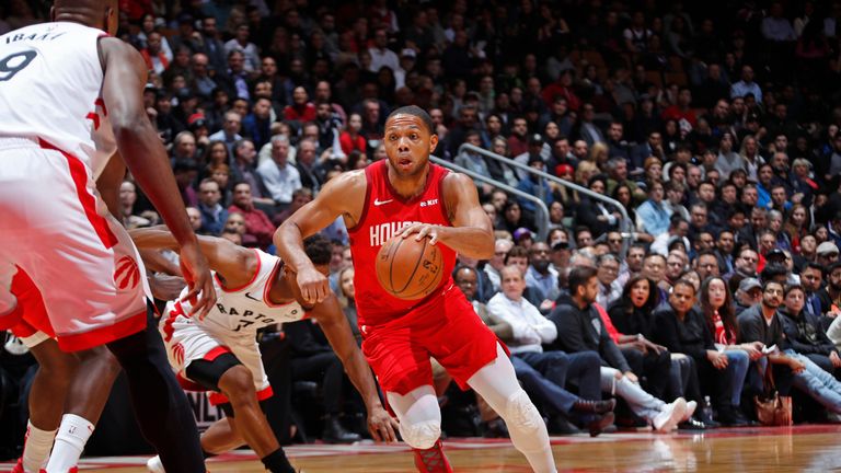 Eric Gordon #10 of the Houston Rockets handles the ball against the Toronto Raptors on March 5, 2019 at Scotiabank Arena in Toronto, Ontario, Canada