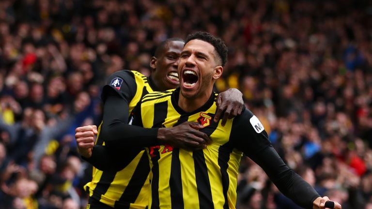Etienne Capoue celebrates his opener for Watford against Crystal Palace in the FA Cup quarter-final
