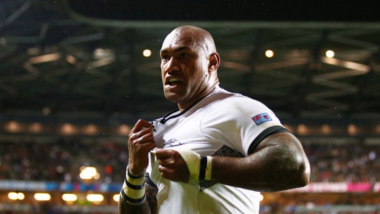 Nemani Nadolo of Fiji celebrates as he scores their seventh try during the 2015 Rugby World Cup