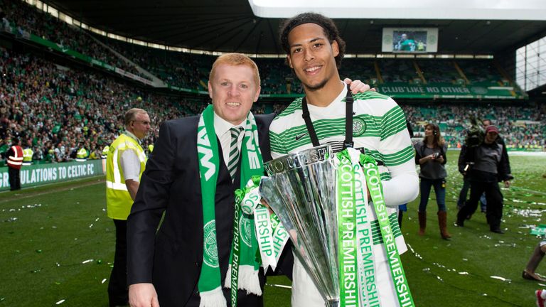 Neil Lennon (left) and Virgil Van Dijk after Celtic&#39;s Scottish Premiership win in 2014