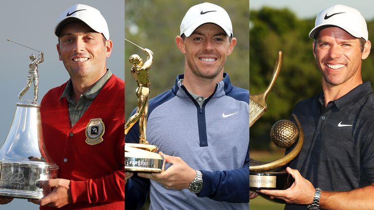 Francesco Molinari, Rory McIlroy and Paul Casey poses with their respective trophies