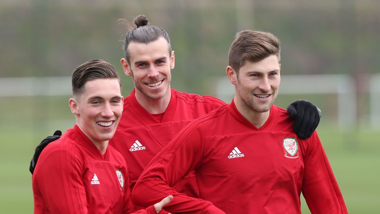 Harry Wilson, Gareth Bale and Ben Davies in action during a Wales training session