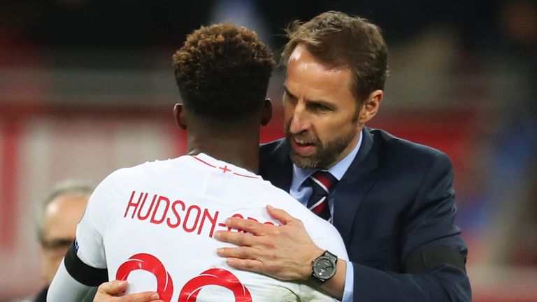 Gareth Southgate manager of England embraces debutant Callum Hudson-Odoi after the 2020 UEFA European Championships Group A qualifying match between England and Czech Republic at Wembley Stadium on March 22, 2019 in London, United Kingdom.