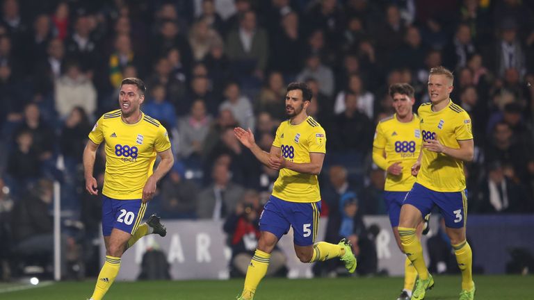 Gary Gardner of Birmingham celebrates scoring the first goal during the Sky Bet Championship match between West Bromwich Albion and Birmingham City at The Hawthorns on March 29, 2019 in West Bromwich, England