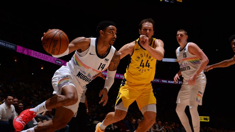 Gary Harris #14 of the Denver Nuggets handles the ball against the Indiana Pacers on March 16, 2019 at the Pepsi Center in Denver, Colorado