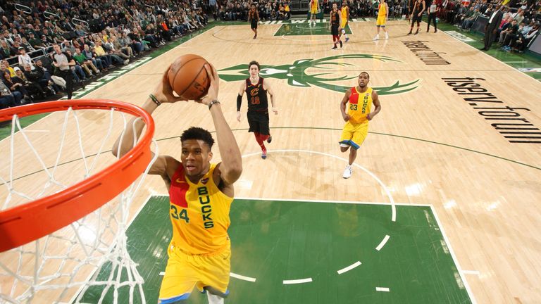 Giannis Antetokounmpo #34 of the Milwaukee Bucks dunks the ball against the Cleveland Cavaliers on March 24, 2019 at the Fiserv Forum Center in Milwaukee, Wisconsin.