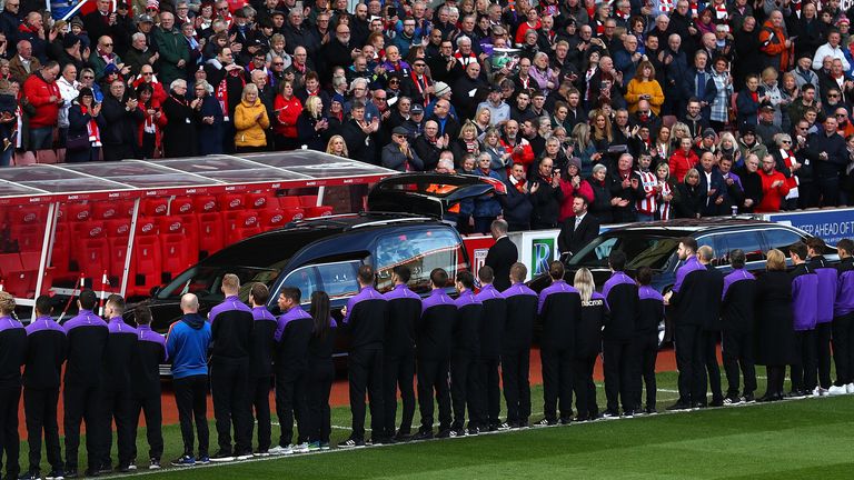 The funeral cortege of former Stoke City and England goalkeeper Gordon Banks makes its way along the front of the West Stand at the bet365 Stadium 