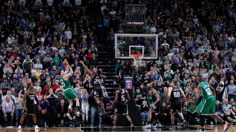 Gordon Hayward of the Boston Celtics shoots the ball to win the game against the Sacramento Kings