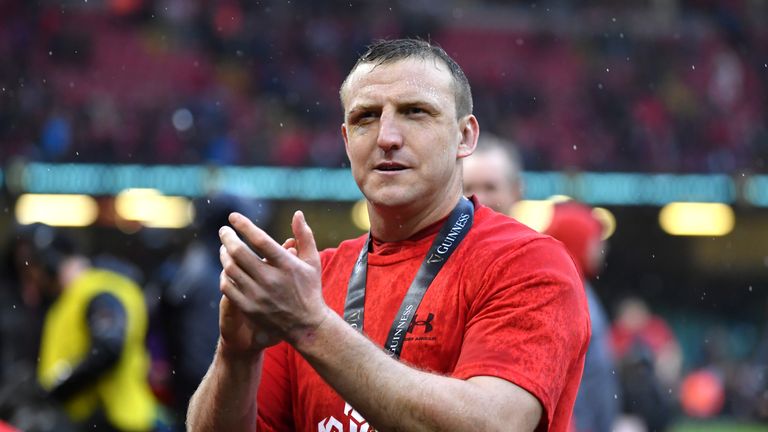 Hadleigh Parkes of Wales applauds fans after Wales complete the Triple Crown, Grand Slam and win Six Nations Championship following the Guinness Six Nations match between Wales and Ireland at Principality Stadium on March 16, 2019 in Cardiff, Wales.