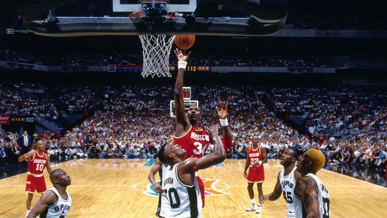 Hakeem Olajuwon of the Houston Rockets shoots during Game Two of the Conference Finals of the 1995 NBA Playoffs