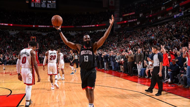 HOUSTON, TX - FEBRUARY 28 :  James Harden #13 of the Houston Rockets reacts after the game against the Miami Heat on February 28, 2019 at the Toyota Center in Houston, Texas. NOTE TO USER: User expressly acknowledges and agrees that, by downloading and or using this photograph, User is consenting to the terms and conditions of the Getty Images License Agreement. Mandatory Copyright Notice: Copyright 2019 NBAE (Photo by Bill Baptist/NBAE via Getty Images)