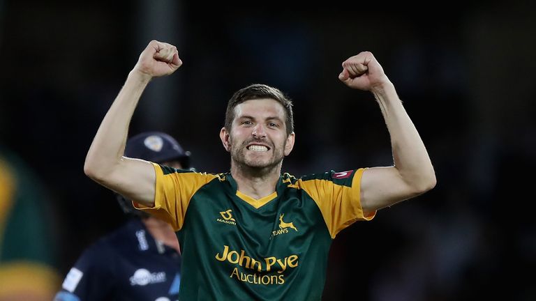 NOTTINGHAM, ENGLAND - AUGUST 02: Harry Gurney of Nottinghamshire celebrates after taking the wicket of Matt Critchley during the Vitality Blast match between Nottinghamshire Outlaws and Derbyshire Falcons at Trent Bridge on August 2, 2018 in Nottingham, Englan