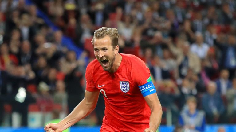 Harry Kane celebrates scoring for England in the World Cup