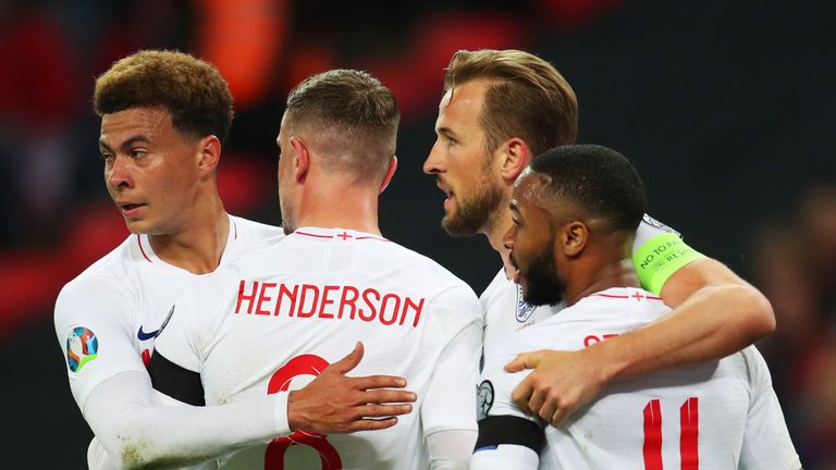 Harry Kane of England (2R) celebrates as scores his team's second goal from a penalty with Raheem Sterling, Jordan Henderson and Dele Alli during the 2020 UEFA European Championships Group A qualifying match between England and Czech Republic at Wembley Stadium on March 22, 2019 in London, United Kingdom. 