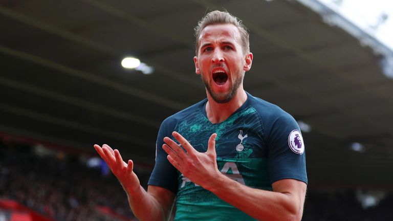 Harry Kane celebrates scoring the opening goal of the game