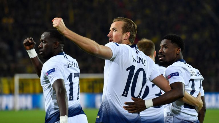 Harry Kane celebrates Tottenham's goal against Borussia Dortmund