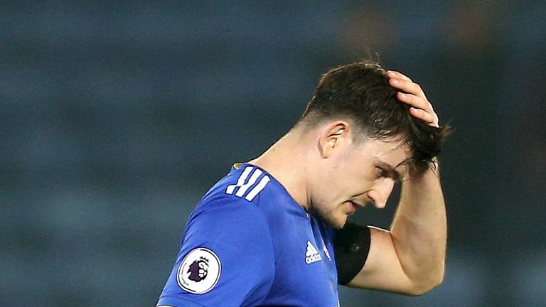 Maguire dejected during the Premier League match at the King Power Stadium, Leicester. PRESS ASSOCIATION Photo. Picture date: Saturday February 23, 2019. See PA story SOCCER Leicester. Photo credit should read: Nigel French/PA Wire. RESTRICTIONS: EDITORIAL USE ONLY No use with unauthorised audio, video, data, fixture lists, club/league logos or "live" services. Online in-match use limited to 120 images, no video emulation. No use in betting, games or single club/league/player publications.