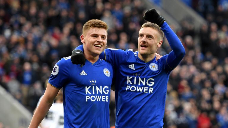 Vardy celebrates his second with man-of-the-match Harvey Barnes